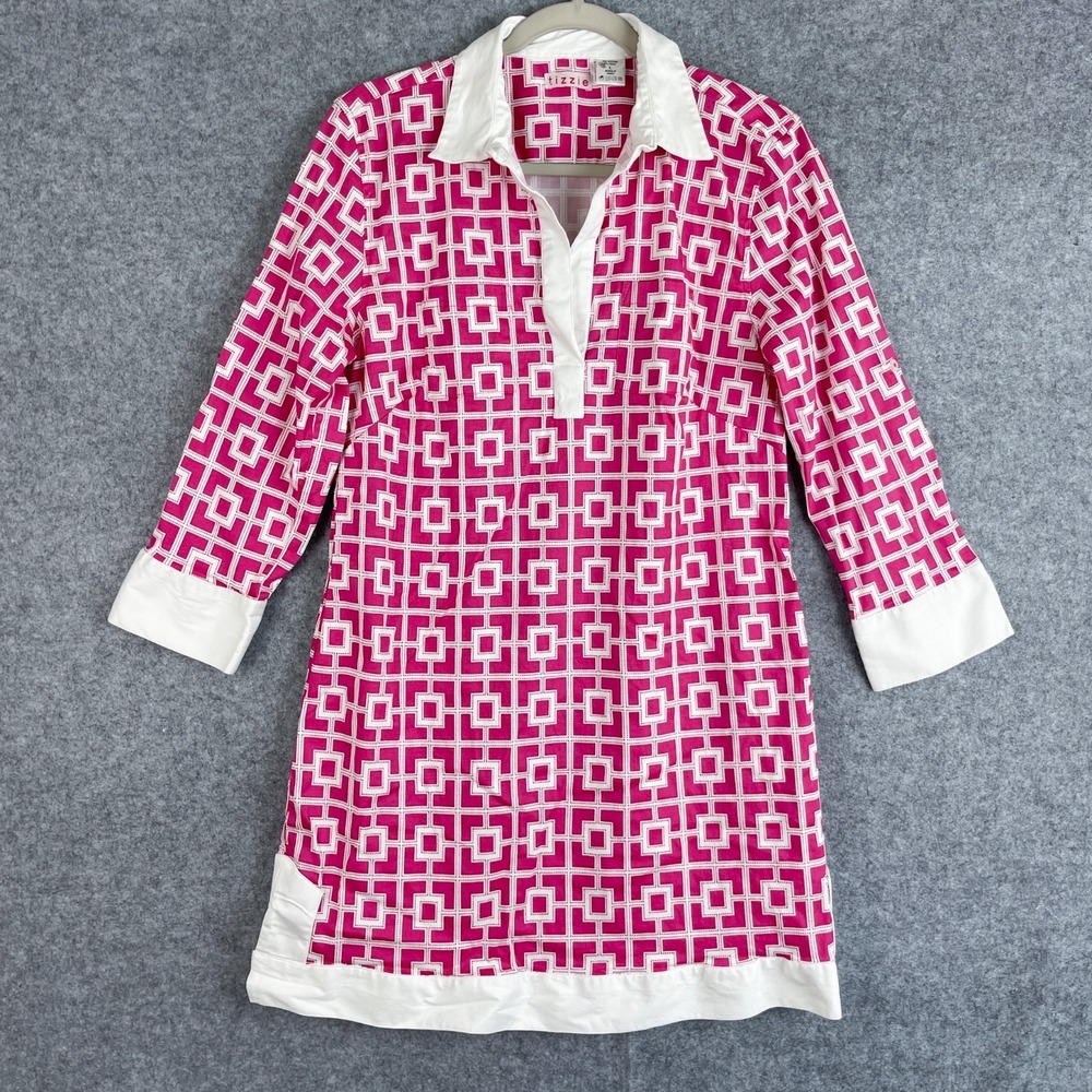Dizzy Lizzie Tizzie Dress Womens Large Pink Geometric Roll Tab Sleeve Stretch